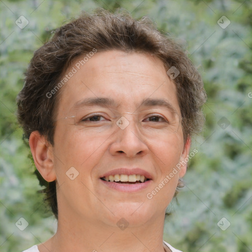 Joyful white adult female with short  brown hair and brown eyes