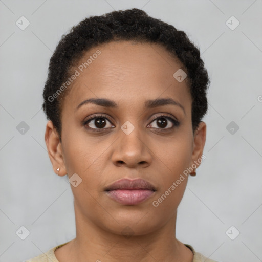 Neutral black young-adult female with short  brown hair and brown eyes