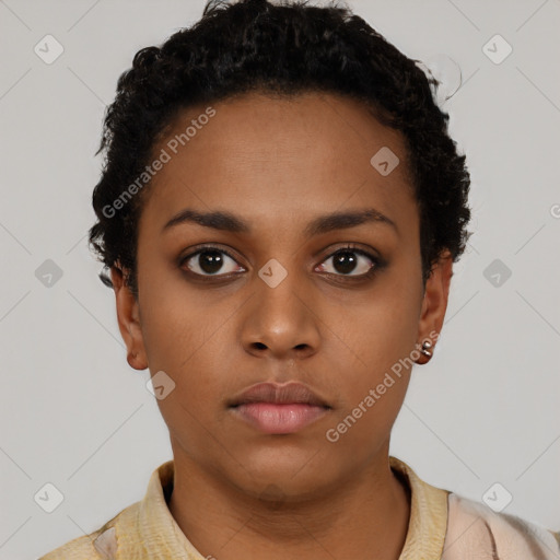 Neutral black young-adult female with short  black hair and brown eyes