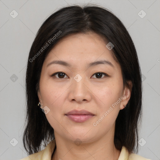 Joyful white young-adult female with medium  brown hair and brown eyes