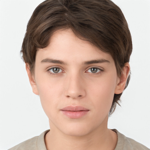 Neutral white young-adult female with short  brown hair and brown eyes