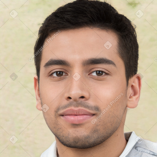 Neutral white young-adult male with short  brown hair and brown eyes