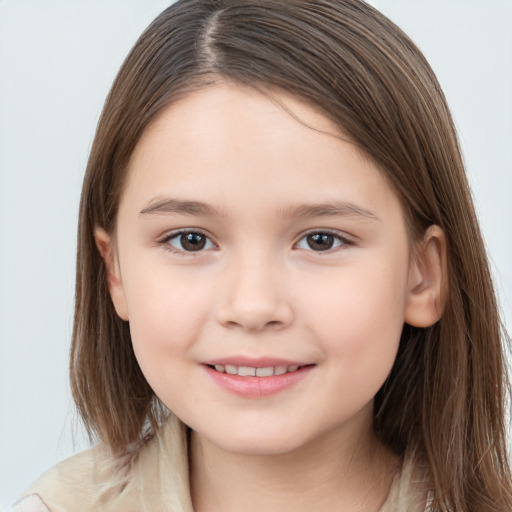 Joyful white child female with medium  brown hair and brown eyes