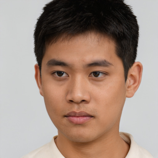 Neutral asian young-adult male with short  brown hair and brown eyes