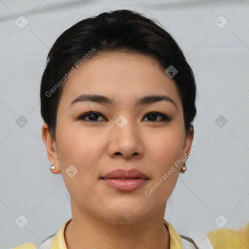 Joyful asian young-adult female with short  brown hair and brown eyes