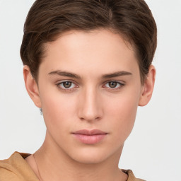 Neutral white young-adult female with short  brown hair and brown eyes