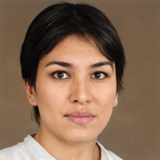 Neutral white young-adult female with medium  brown hair and brown eyes