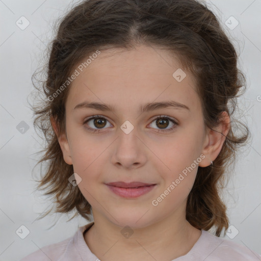 Joyful white child female with medium  brown hair and brown eyes