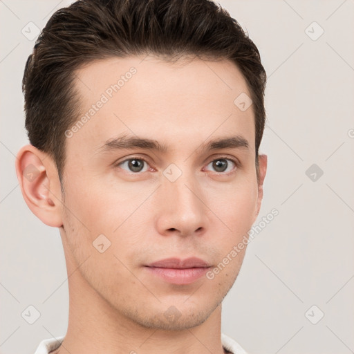 Neutral white young-adult male with short  brown hair and grey eyes