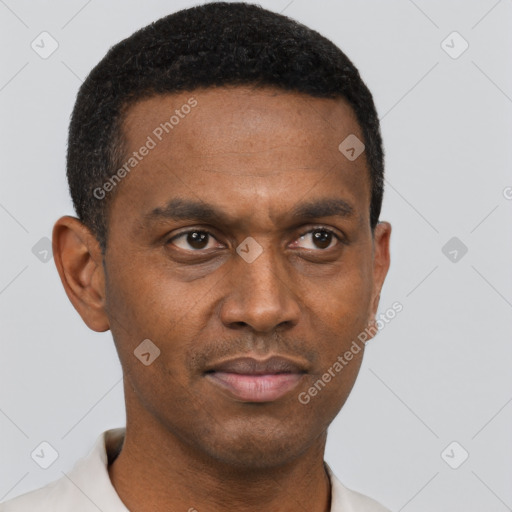 Neutral black young-adult male with short  black hair and brown eyes