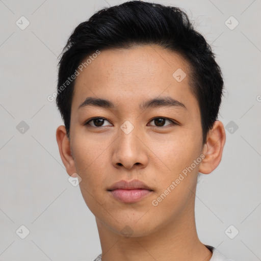 Neutral asian young-adult male with short  black hair and brown eyes