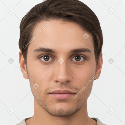 Neutral white young-adult male with short  brown hair and brown eyes