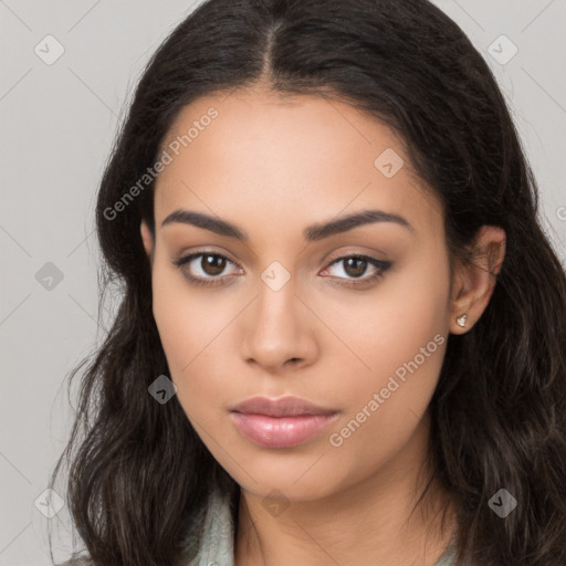 Neutral latino young-adult female with long  brown hair and brown eyes