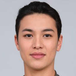 Joyful asian young-adult male with short  brown hair and brown eyes