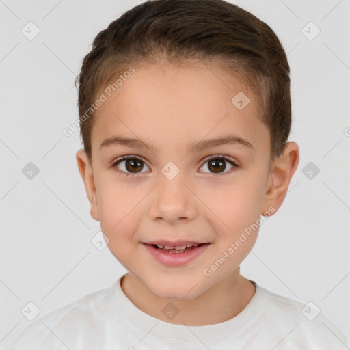 Joyful white child female with short  brown hair and brown eyes