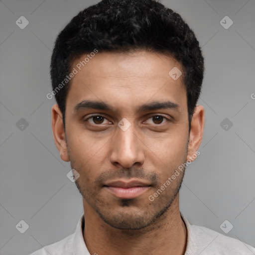 Neutral latino young-adult male with short  black hair and brown eyes