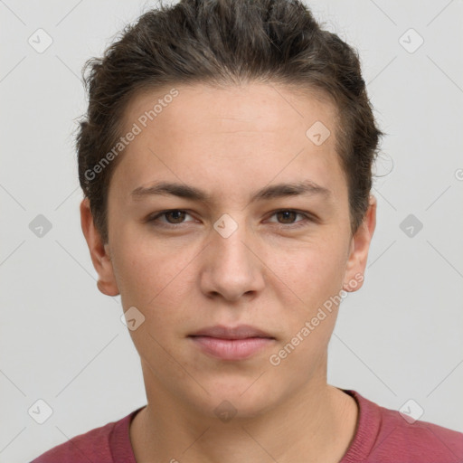 Neutral white young-adult female with short  brown hair and brown eyes