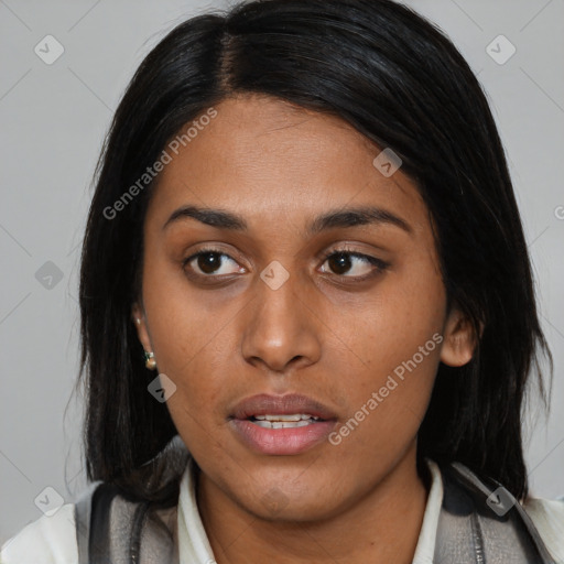 Neutral asian young-adult female with medium  black hair and brown eyes