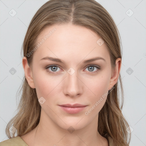 Neutral white young-adult female with long  brown hair and grey eyes