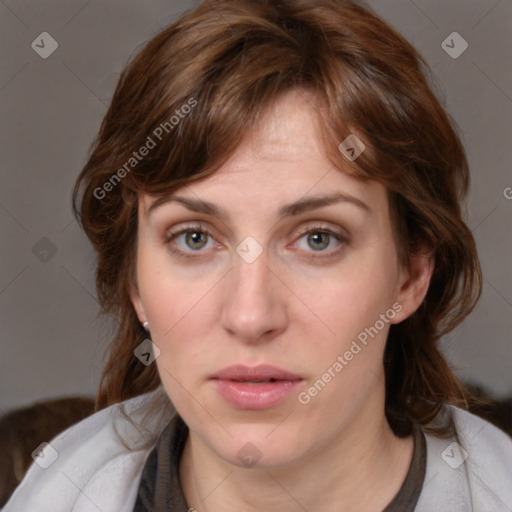 Neutral white young-adult female with medium  brown hair and brown eyes