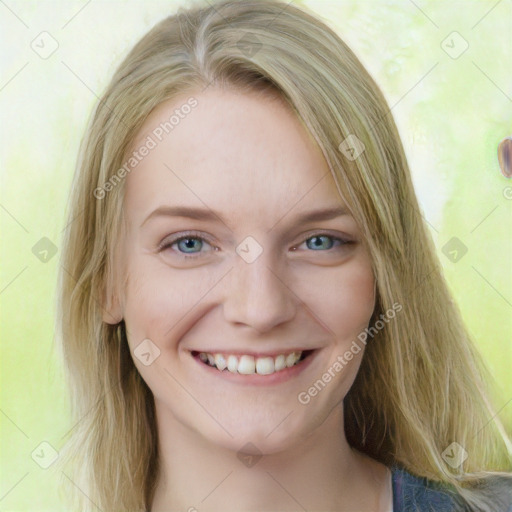 Joyful white young-adult female with long  brown hair and blue eyes