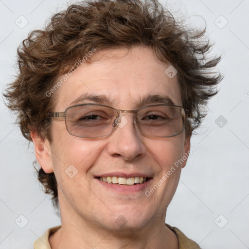 Joyful white adult male with short  brown hair and grey eyes