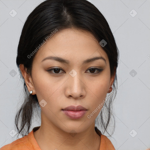 Neutral asian young-adult female with medium  brown hair and brown eyes