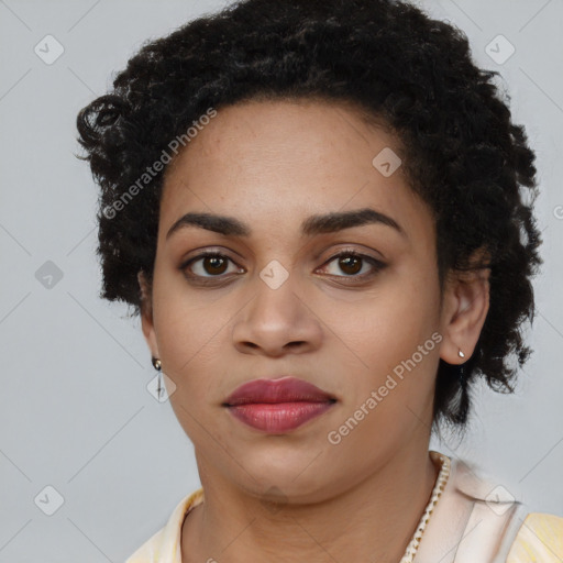 Joyful latino young-adult female with long  black hair and brown eyes