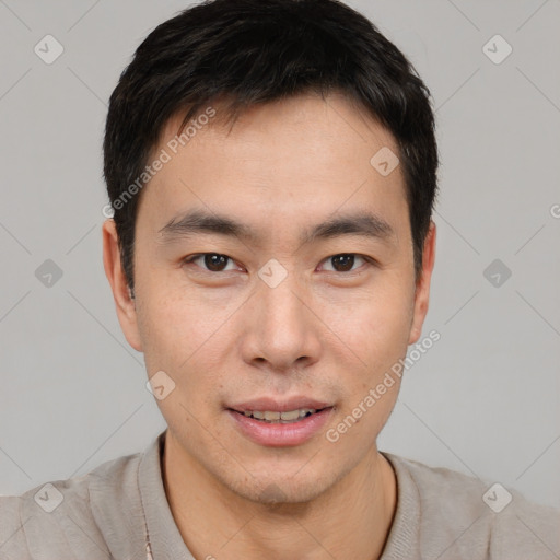Neutral asian young-adult male with short  black hair and brown eyes