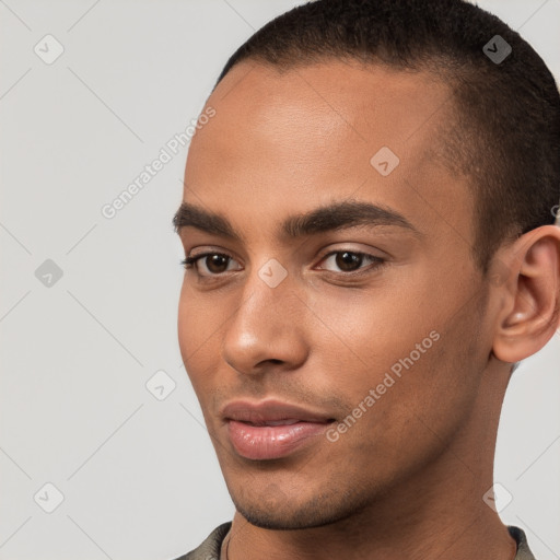 Neutral white young-adult male with short  brown hair and brown eyes