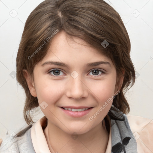 Joyful white child female with medium  brown hair and brown eyes