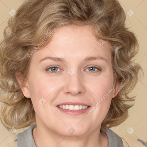 Joyful white young-adult female with medium  brown hair and blue eyes