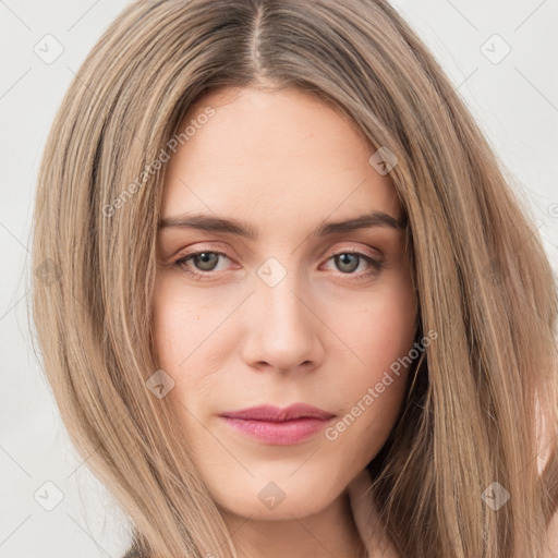 Neutral white young-adult female with long  brown hair and brown eyes