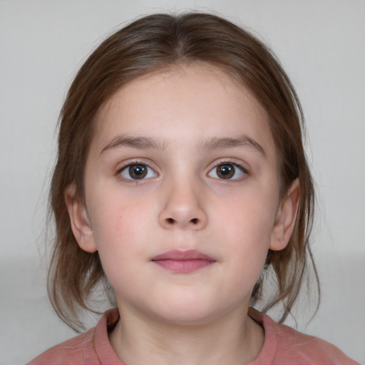 Neutral white child female with medium  brown hair and grey eyes