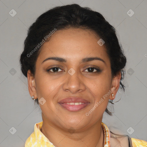 Joyful latino young-adult female with short  brown hair and brown eyes
