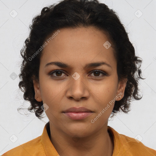 Joyful latino young-adult female with long  brown hair and brown eyes