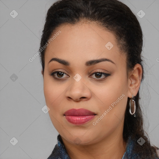 Joyful latino young-adult female with long  brown hair and brown eyes