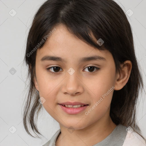 Joyful white child female with medium  brown hair and brown eyes