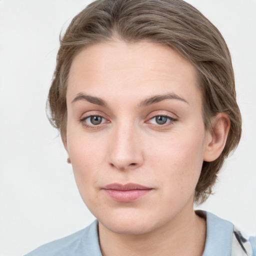 Neutral white young-adult female with medium  brown hair and grey eyes