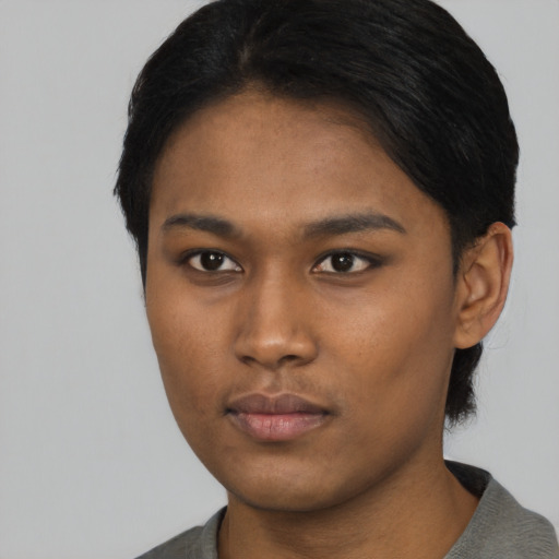 Neutral asian young-adult female with short  black hair and brown eyes