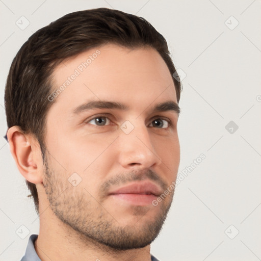 Neutral white young-adult male with short  brown hair and brown eyes