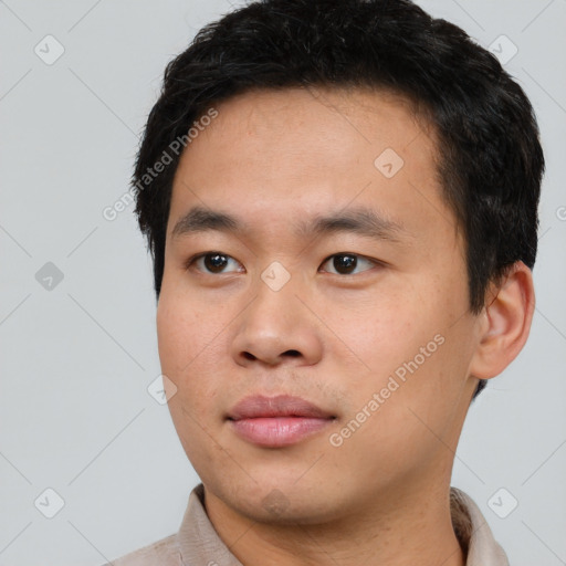 Neutral asian young-adult male with short  black hair and brown eyes