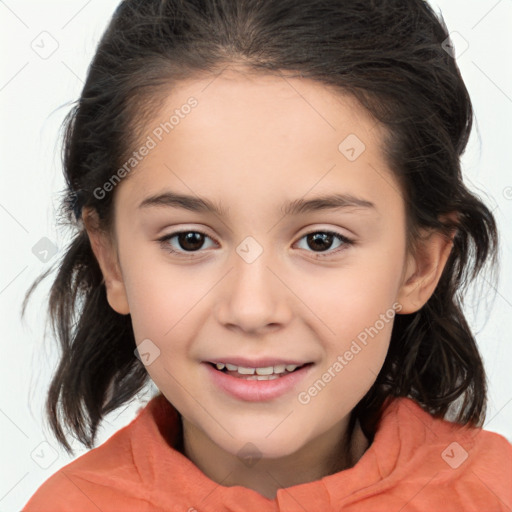 Joyful white child female with medium  brown hair and brown eyes