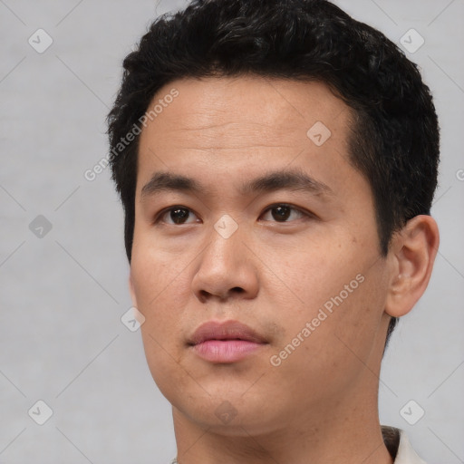 Neutral asian young-adult male with short  black hair and brown eyes