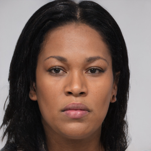 Neutral asian young-adult female with long  brown hair and brown eyes