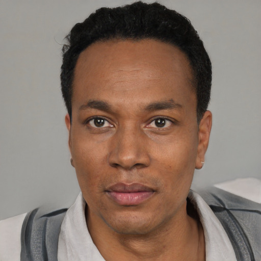 Neutral black adult male with short  black hair and brown eyes