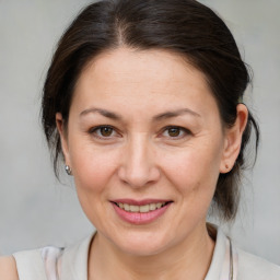 Joyful white adult female with medium  brown hair and grey eyes