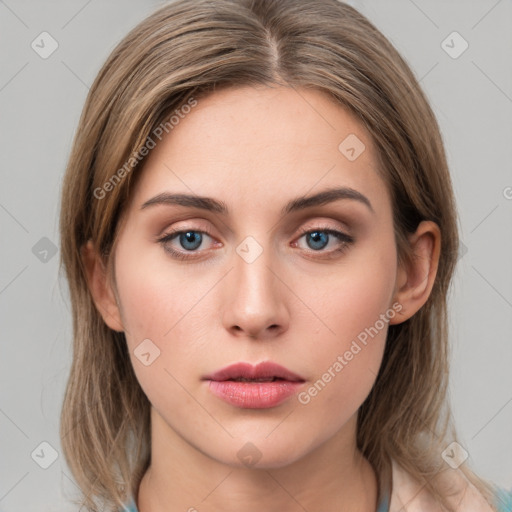 Neutral white young-adult female with medium  brown hair and grey eyes