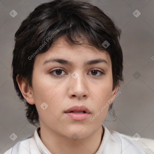 Neutral white young-adult female with medium  brown hair and brown eyes