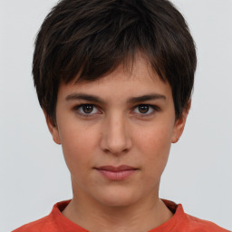 Neutral white young-adult female with short  brown hair and brown eyes